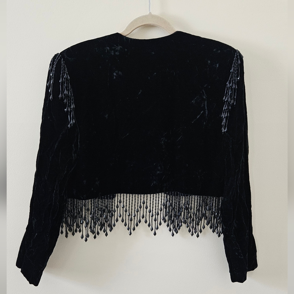 Vintage ALEX EVENINGS Cropped Velvet Jacket Beaded Fringe Retro Glam Size Large - Picture 5 of 13